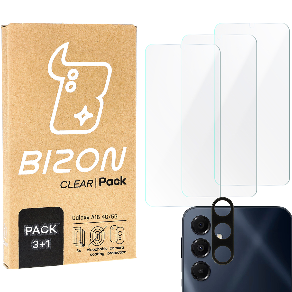 Szkło hartowane Bizon Glass Clear - 3 szt. + obiektyw, Galaxy A16 4G/5G